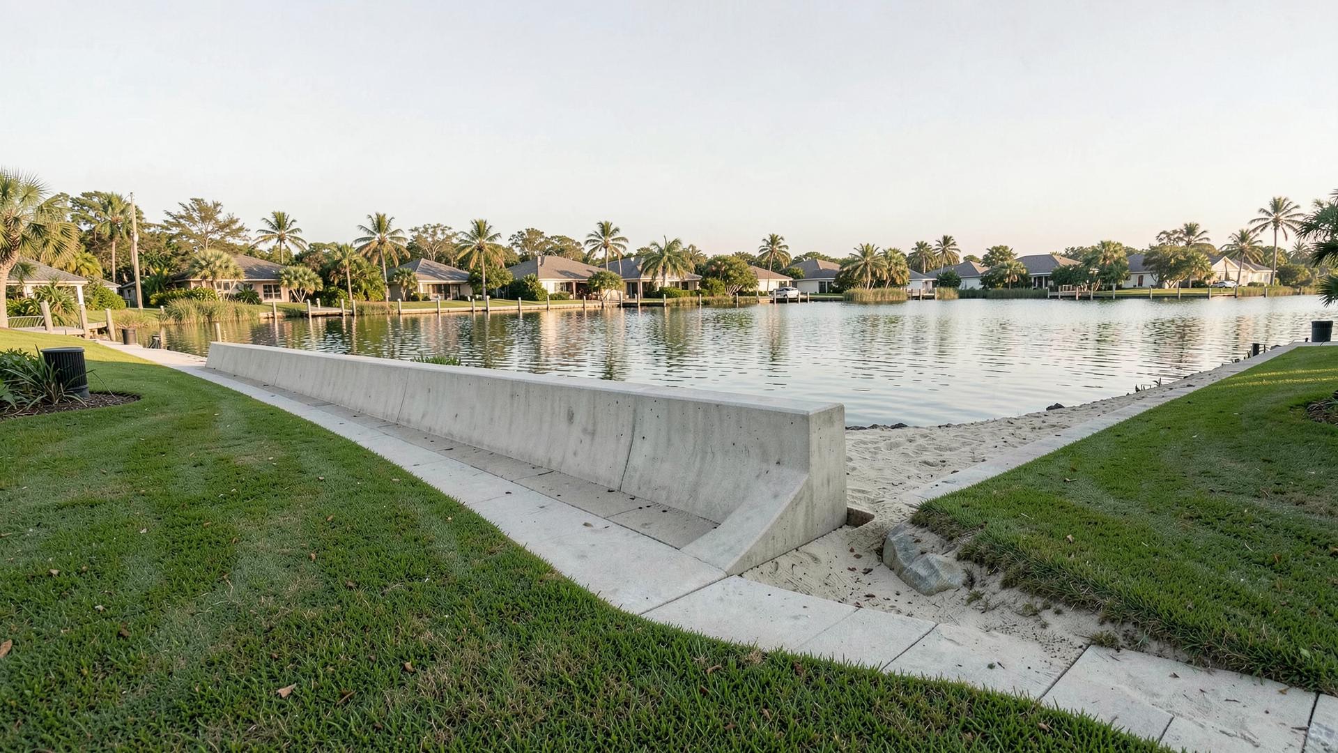 Concrete seawall and cap running along a residential Florida canal with a mown lawn behind it